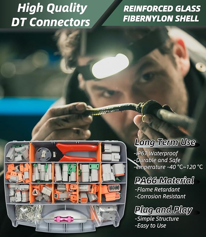 345 pcs DT Deutsch Connector Kit, 2 3 4 6 8 12 Pin Waterproof Connectors, Crimping Tool(12-20AWG), Connector Removal Tool, 100Pairs 16# Solid Terminal Contacts for Cars Motorcycle Boat
