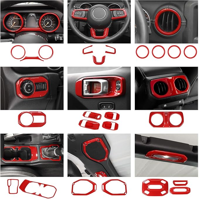 23pcs Full Set Interior Trim Kit for Jeep Wrangler JL JLU Gladiator JT 2018-2023 Steering Wheel Door Handle Air Conditioning Vent Cup Holder Reading Light Headlight Gear Cover, Red