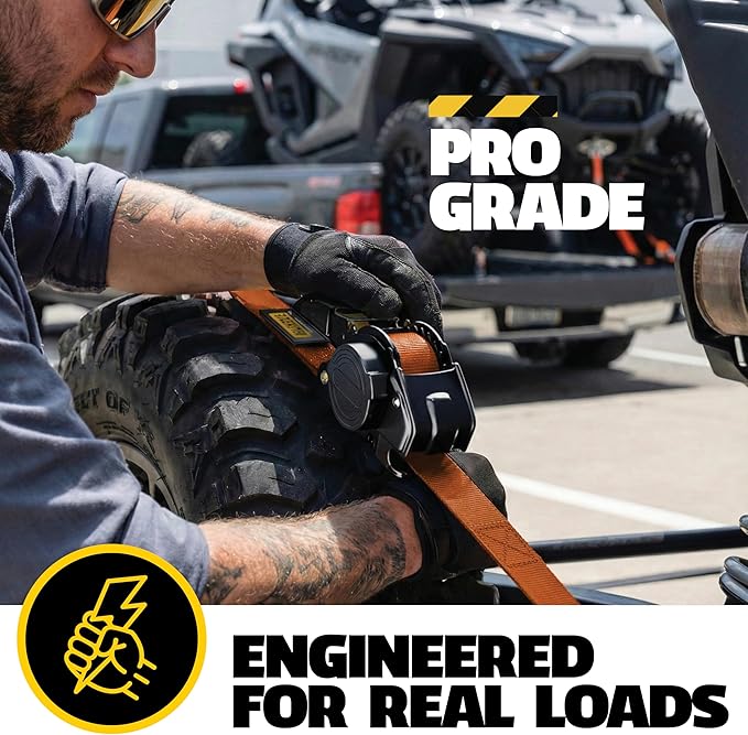 AUGO Retractable Ratchet Straps | 4 Heavy Duty Self Retractable Tie Down Straps with Soft Loops & Storage Bag for Motorcycle, Truck, Trailer, Cargo Van | 1200 Lb Break Strength 1' x 10'