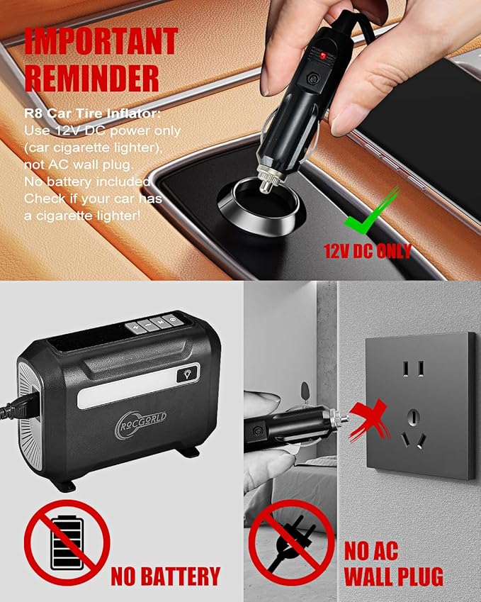 ROCGORLD R8 Tire Inflator Portable Air Compressor, DC 12V Air Compressor Portable with Large Dual Digital Screen, 3X Faster Inflation Air Pump for Car, Bike, Ball, Motor