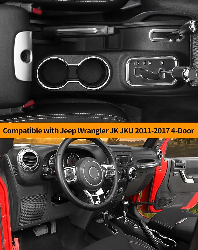 Hoolcar Steering Wheel Cover Gear Shift Panel Trim Cover Water Cup Holder Cover Kit Interior Accessories Kit Fit for Jeep Wrangler JK JKU 2011-2018, 4-Door, Chrome