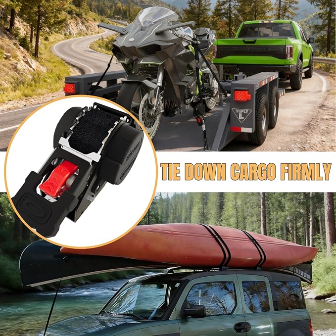 Retractable Ratchet Straps Heavy Duty Tie Down 1''*12ft Breaking Strength 1760LBS Cargo Securing System, for Motorcycle, Jetski, Kayak(2 Pack,Black)