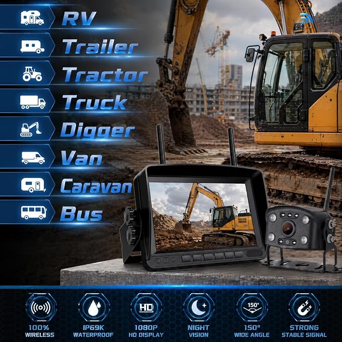 Wired Back Up Camera with Monitor,7" 1080P AHD RV Bakup Camera with Night Vision,Vibration-Proof 10G,Backup Camera for Tractor,Truck,Excavator,Caravan,Skid Steer,Heavy Equipment(Plug-and-Play)