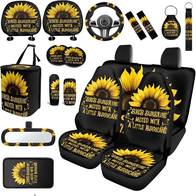 Sunflower Print Car Seat Covers Full Sets 18 Pieces Sunshine Sunflower Print Car Interior Accessories Sets with Steering Wheel Car Covers Car Headrest Covers Hanging Car Trash Can Belt Pads