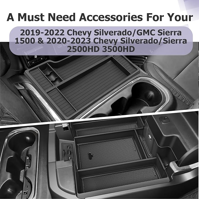 LUWU Center Console Organizer Compatible with 2019-2022 Chevy Silverado/GMC Sierra 1500 & 2020-2023 Chevy Silverado/Sierra 2500HD 3500HD Accessories, 2-Pack Black (ONLY for Full Console w/Bucket Seat)