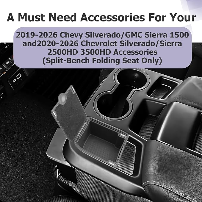 LUWU Center Console Coins Box Compatible with 2019-2026 Chevy Silverado/GMC Sierra 1500 & 2020-2025 2026 Chevrolet Silverado/Sierra 2500HD 3500HD Accessories (Split-Bench Folding Seat)