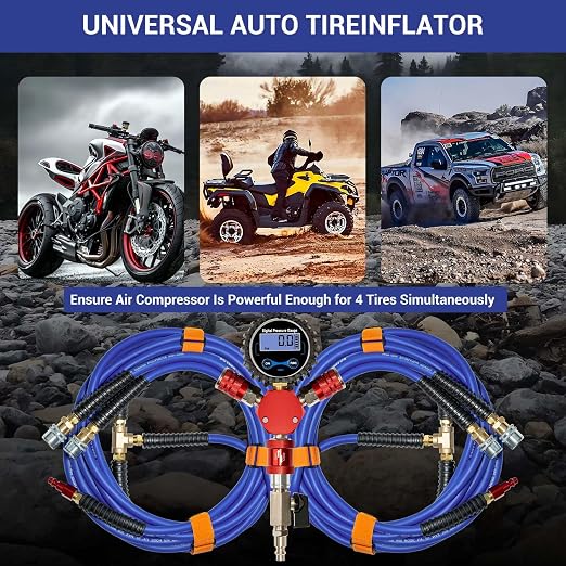4 Tire Inflation System, Fits Up to 200" Wheelbase, Rapid High Flow 4 Way Tire Inflator with Hard Case, Lock-On Air Chucks Manifold, Digital Gauge, Portable Off Road Tire Deflator