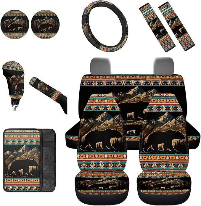 Dreaweet Mountain Bear Aztec Car Seat Covers Full Set 12 Pcs Southwestern Car Accessories Seat Covers with Steering Wheel Cover/Arm Rest Pads/Seat Belt Pads/Coasters/Gear Shift Cover/Handbrake Cover