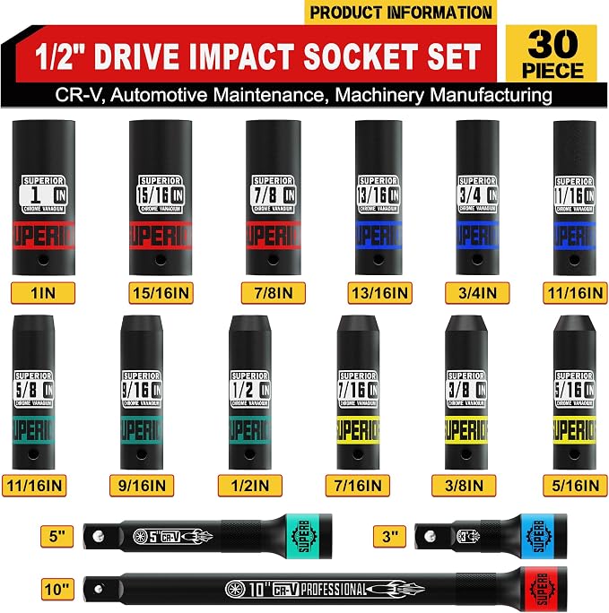 30 Piece 1/2" Drive Impact Socket Set, SAE (5/16"- 1") and Metric (10mm-24mm) Deep Socket, Including Impact Extension Bar 3 ", 5", 10", CR-V, Automotive Maintenance, Machinery Manufacturing