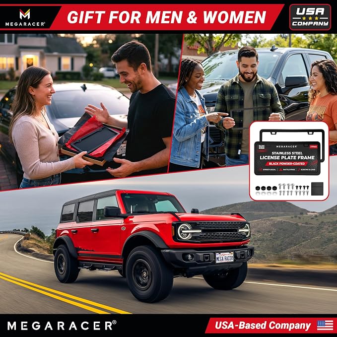 Powder-Coated Matte Black Thin License Plate Frames – 2 Pack, Car Wash Proof Stainless Steel, Rust-Free, Rattle-Free, Street Legal, Slim 2 Hole with Screw Caps, Gloss Metal Front & Rear Tag Holders
