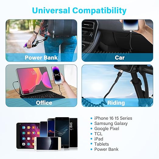 Coiled Car Carplay Cable for iPhone 15 16 15 Pro Max 15 16 Plus, 90 Degree USB C to Type C 60W Fast Charging Cord, Retractable Angled iPad Car Charger iPad Pro iPad Air Mini 6 Replacement 6FT 1 Pack