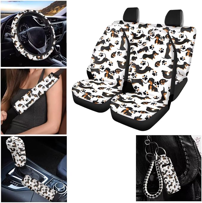 Cartoon Car Seat Covers Full Set, Dachshund Car Front Rear Seat Cover Back Seat Covers Car Steering Wheel Cover Seat Belt Cover with Coasters Keychain Gear Shift Cover Set 12 Pack