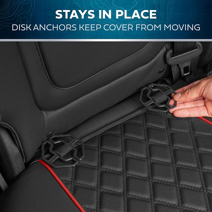 MotorBox Prestige Edition Rear Seat Cover for Cars, Open Sides Leather Seat Cover, Premium PU Leatherette Black & Red Back Seat Covers for Cars Trucks SUVs, Rear Bench Only