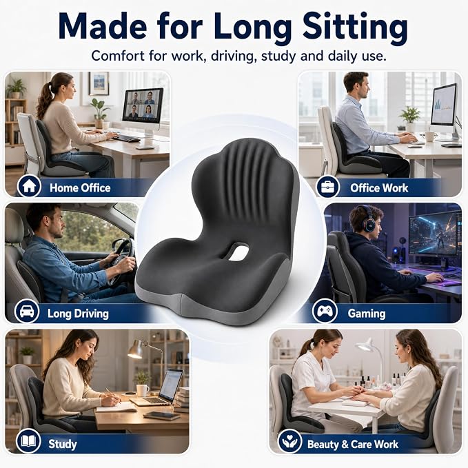 Seat Cushion With Lumbar Support, Extra Thick High Density Ergonomic Seat Cushion For Office Chair And Car Seat, Non-Flattening Memory Foam With Tailbone Pressure Relief And Back Support (Dark Grey)