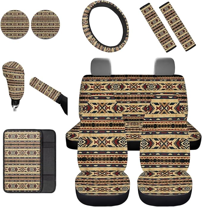Dreaweet South Western Aztec Seat Covers for Trucks SUV Cars Full Set with Steering Wheel Cover,Center Console Cover,Car Coasters,Seatbelt Covers,Gear Shift Cover,Handbrake Cover,Set of 12