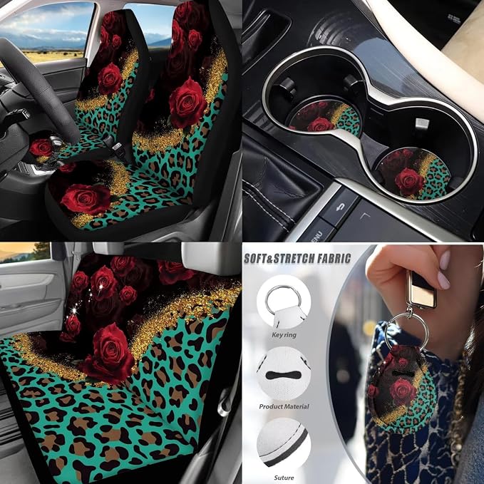 17 Pack Leopard Print Car Seat Covers Sets with Front and Rear,Car Accessories Full Set with Auto Front Rear Foot Carpet All Weather,Steering Wheel Cover,Car Seat Belt Cover,Universal Fit