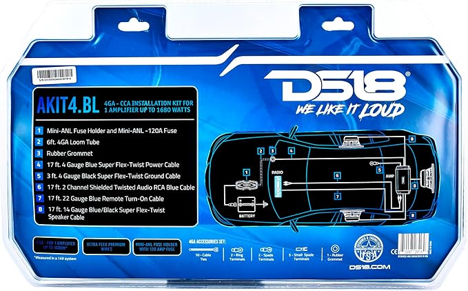 DS18 AKIT4.BL 4-GA Amplifier Installation Kit Up to 1680 Watts RMS, Mini-ANL Fuse Holder, Speaker & RCA Cables, CCA Amplifier Wiring Kit, Ultra Flex Wire, Amp Wire Kit, Amp Wiring Kit 4 Gauge - Blue
