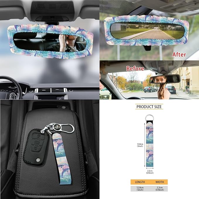 Dolphin Rainbow Print 15 Pack Car Accessories Set Car Seat Covers Steering Wheel Cover Seat Belt Strap Pad Rearview Mirror Cover Garbage Cans Air Vent Storage Bag Cup Holder Key Chain