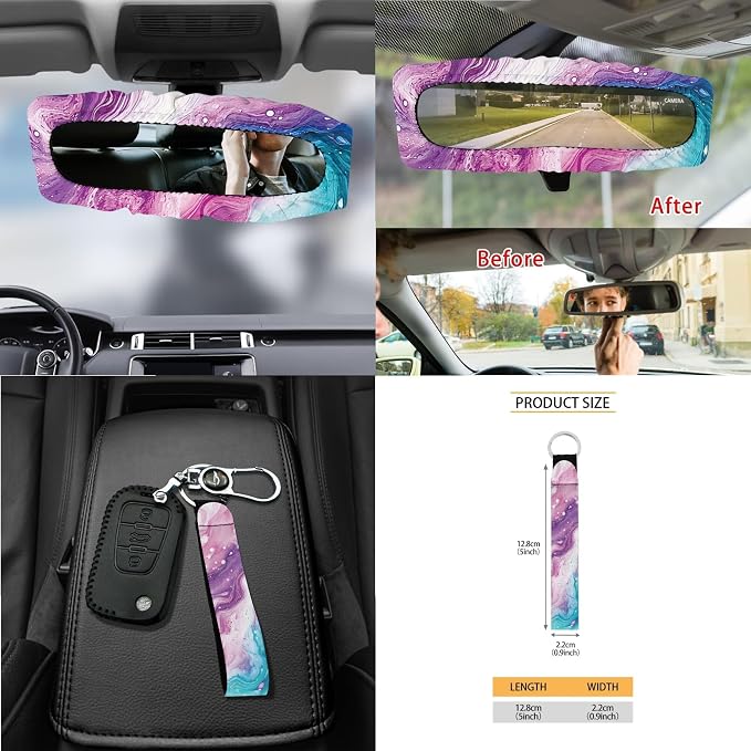Marble Print 15 Pack Car Seat Covers Set with Steering Wheel Cover Seatbelt Strap Cover Rearview Mirror Covers Cup Coasters Air Vent Storage Bag Trash Bag Key Chain