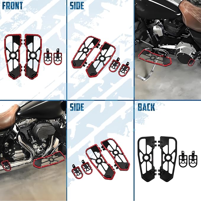Motorcycle Floorboards Set Driver Front Footboards and Rear Passenger Foot Pegs Kit Offroad MX Style Fit for Harley Touring Road King Road Glide Electra Glide Street Glide (Red Edge)