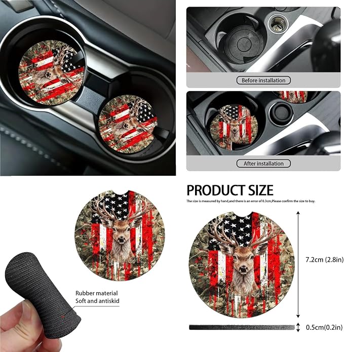 Deer Leaf American Flag Pattern Auto Accessories Set of 13, Car Front and Back Seat Covers Full Set + Steering Wheel Cover + Safe Belt Pad for Car + Coasters with Notch