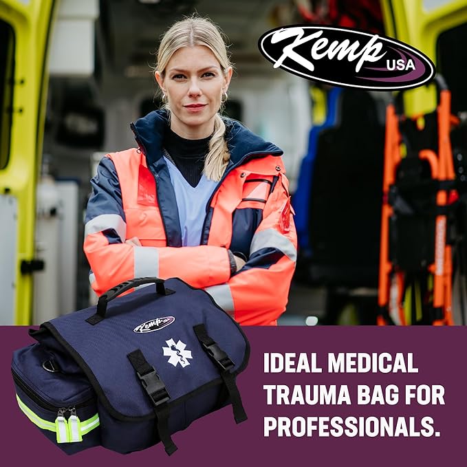 Kemp USA EMT First Responder Trauma Bag Navy Blue First Aid Survival Medical Gear Organizer High Visibility Reflector Emergency Response Kit