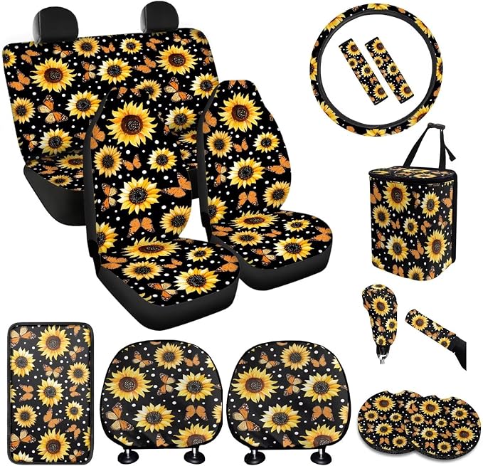 BIGCARJOB Sunflower Car Seat Accessories Full Set 15 Pcs Sunflower Seat Cover for Cars Front and Rear Handbrake Cover,Headrest Pillow Cover,Seat Belt Pads,Universal Fit