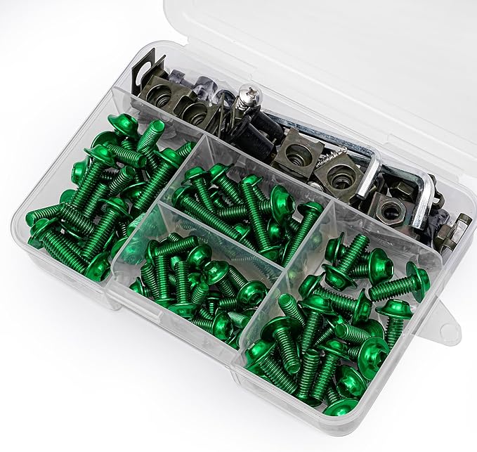 Green Motorcycle Fairing Bolt Kit 177Pcs, M5 M6 Stainless Steel Windscreen Screws Fastener Clips Universal Fit for Sportbike Suzuki Kawasaki Honda Yamaha BMW Ducati GSXR Motorcycle