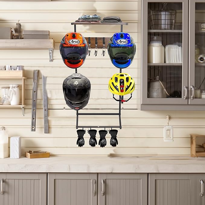 Motorcycle Helmet Holder Wall-Mounted Helmet Rack with 4 Glove Chips& Hooks - Rustic Bike Helmets Storage Organizer, Universal Wall Mount for Helmets, Gear, Clothes, Accessories,Retro