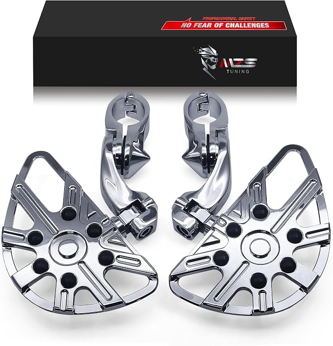 MZS Motorcycle Highway Pegs, 1.25" Short Angled Adjustable Wide Foot Peg Chrome Compatible with Softail Sportster Electra Road King Street Glide Vulcan VTX V Star Boulevard for 1 1/4 Engine Guards Bar