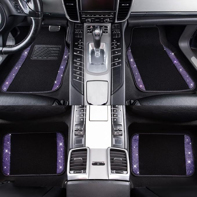 CAR PASS Diamond Bling Leather Seat Covers Set Car Floor Mats Glitter Rhinestone Steering Wheel and Car Interior Accessory Set for Women Purple Violet