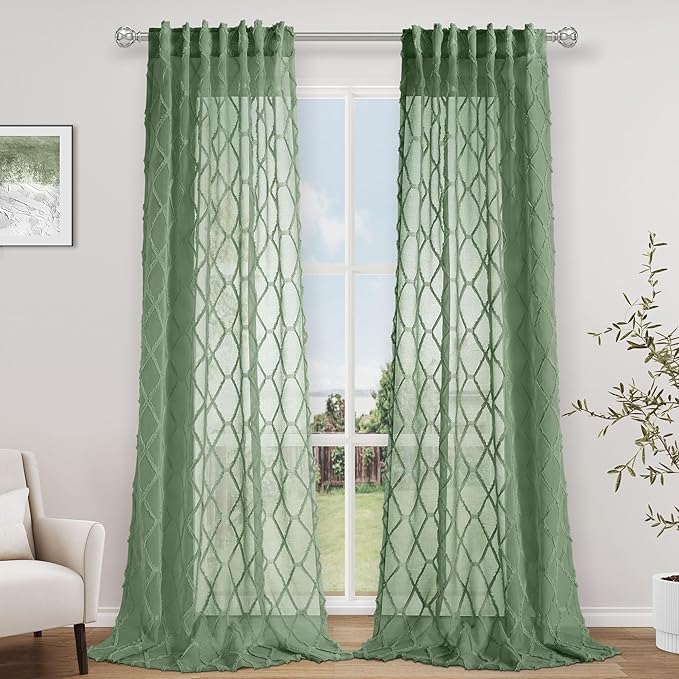 Hokibero Olive Green Sheer Curtains 84 Inch Length for Living Room 2 Panels Set Back Tab Drapes Sheer Textured Light Filtering Olive Dark Green Curtain for Bedroom Rustic Boho Farmhouse Decor 52x84