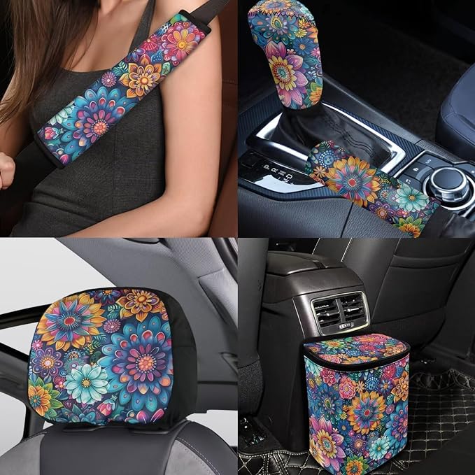 BIGCARJOB Boho Lotus Car Seat Cover Set for Front and Rear,15 Pcs Blossom Flower Car Seat Interior Accessories Full Set with Seat Belt Pads,Car Seat Head Rest Protective Cover,Auto Garbage Bag
