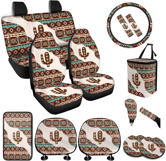 BIGCARJOB Southwestern Cactus Print Car Interior Accessories Set 15 Pieces Aztec Tribal Car Seat Cover Full Set with Steering Wheel Cover Car Trash Can Hanging Seat Headrest Covers