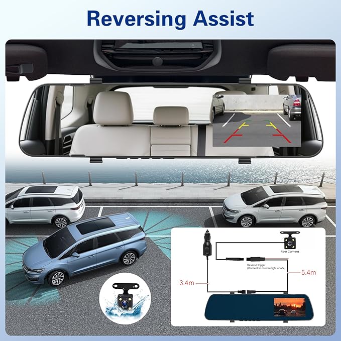 1080P Dual Lens Rear View Mirror Camera, 4 Inch Touchscreen Mirror Dash Cam Front and Rear, Exposure Adjustment/Loop Recording/Motion Detection/Parking Assistance + Backup Camera