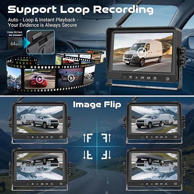 Wireless High Mount Backup Camera System for Mercedes Sprinter 2006-2019 with 7-Inch HD Monitor, Roof Mount Reverse Parking Camera, IR Night Vision, IP68 Waterproof