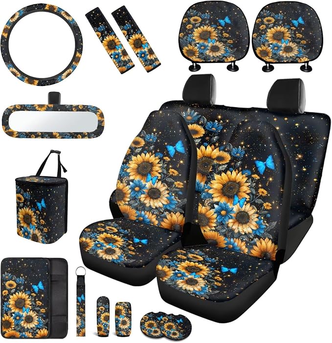 17 Pieces Butterfly Car Seat Covers Full Sets with Sunflower Universal Car Aaccessories,Butterflies Car Interior Set with Vehicle Trash Bag,Steering Wherl Cover,Seat Belt Shoulder Pad