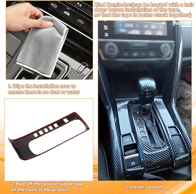 Center Armrest Box Cover Center Console Automatic Gear Shift Panel Cover Gear Shift Knob Cover Compatible with Honda Civic 10th Gen 2016-2021 Carbon Fiber Style (8 Pcs)