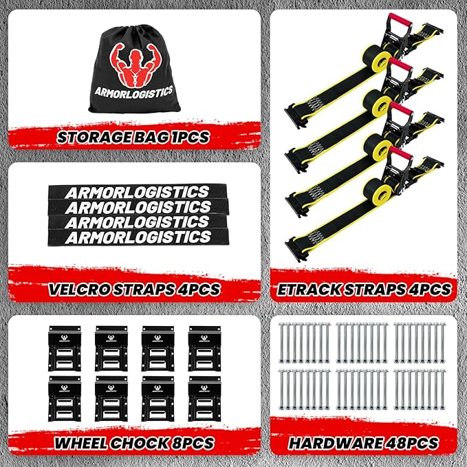 4Pack UTV Wheel Chock Tie-Down Kit, 2 in x 8 ft Heavy Duty Trailer Tire Straps, 4400lb Max Break Strength E Track System for ATV, UTV, SXS, Mower and More (Black)