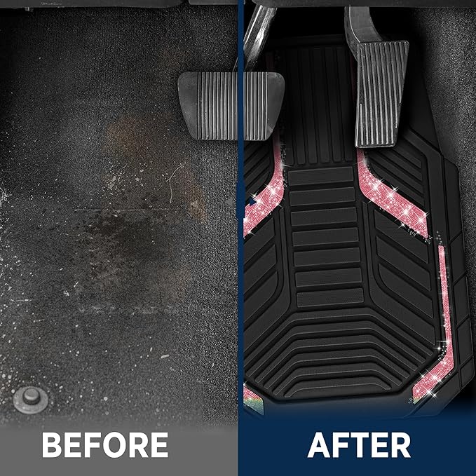 PIC AUTO Car Floor Mats, Hot Pink Sparkly Crystal Bling Glitter Car Mats Set, Front and Rear Heavy Duty Rubber Car Mats with Anti-Slip Backing, All Weather, Trim-to-Fit for SUVs, Trucks, Sedan, Vans