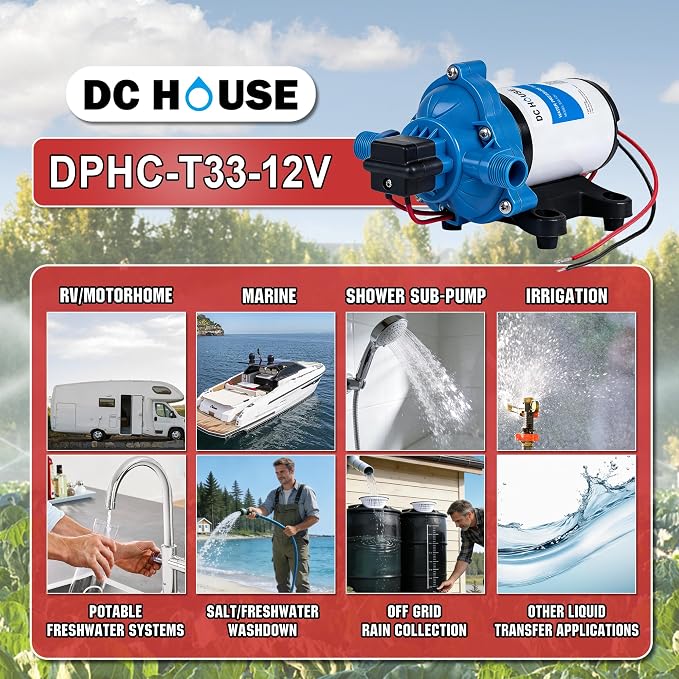 DC HOUSE 33 Series 12V RV Water Pump 3.5GPM 45PSI, 3-Chamber Diaphragm Pump with Built-in Pressure Switch, Quiet Self-Priming Demand Pump for Camper, Boat, Cabin, Off-Grid System