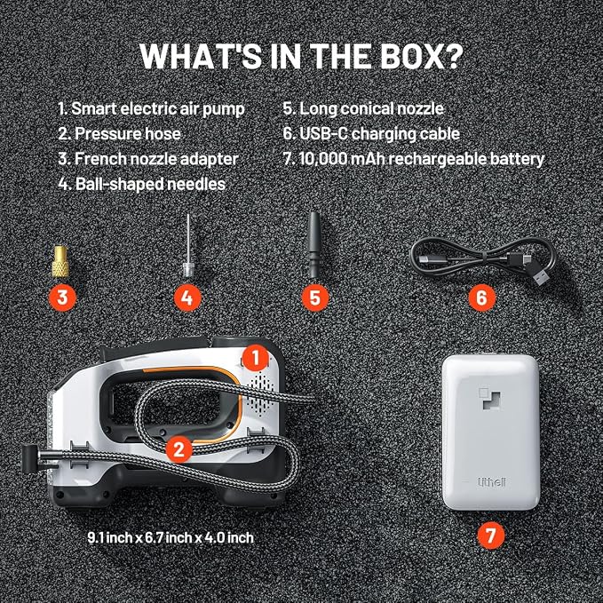 Litheli Cordless Air Compressor, 20V Portable Air Compressor, Cordless Tire Pump for Car, Bike, Sport Ball, Battery Tire Inflator, 3 Nozzle Adapters, 150 PSI, with 2.0 Ah U-Battery