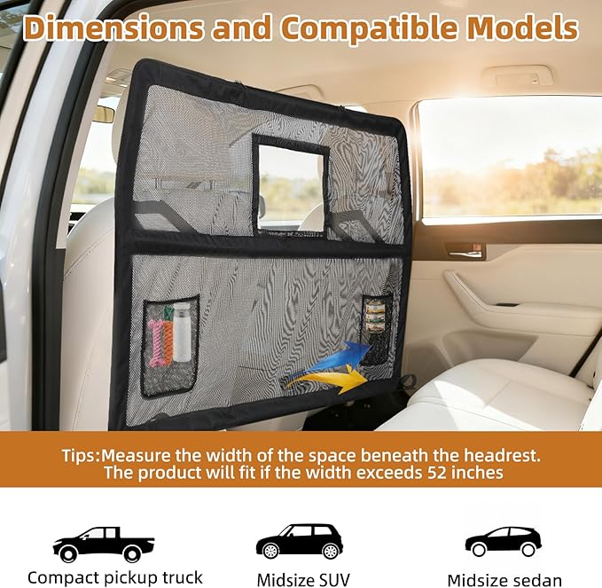 52" Wide Dog Car Barrier with Window & Steel Frame, Universal Fit for Cars, Sedans,SUVs,and Trucks, Car Barrier for Escape-Proof, Vehicle Gate for Dog Travel