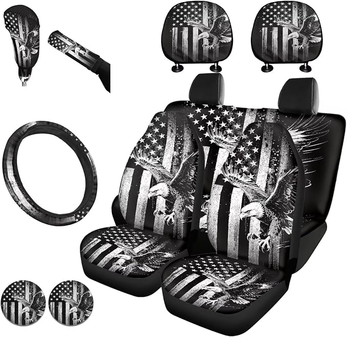 KEIAHUAN 11 Pcs Car Seat Covers Full Set with Stretchy Steering Wheel Cover/Coasters/Headrest Cover/Handbrake and Gear Shift Knob Cover, Easy to Install, Black American Flag Eagle