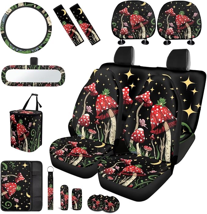 17Pcs Mushroom Car Seat Covers Set for Front and Rear Full Set,Starry Sky Mushroom Car Accessories for Women with Shoulder Pad,Car Seat Head Rest Protector for Auto Front Seat Rest Decor
