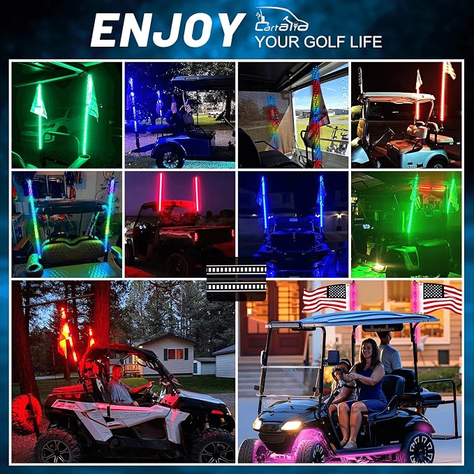 2 Pack 2FT Golf Cart Flag Pole Whip Lights, Only Fit 1.0" Square Rail, LED Light Bluetooth App & Remote Control, Lighted with Turn Reverse Brake Signal for 36V/48V/72V (Included DC Converter)