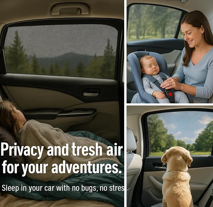 SM/RL Car Window Shades for Baby & Camping, 2-Pack. Blocks 97% UV Real-World Tested, Breathable Full-Coverage Mesh Bug Screens, Mom's Choice Award | Qualizzi®