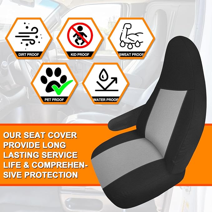 Seat Covers Compatible with 2010-2025 Chevy Express Front Bucket Seats with Opening for Grab Handle on Passenger Side Backrest, NOT for RV Seats, Black and Gray