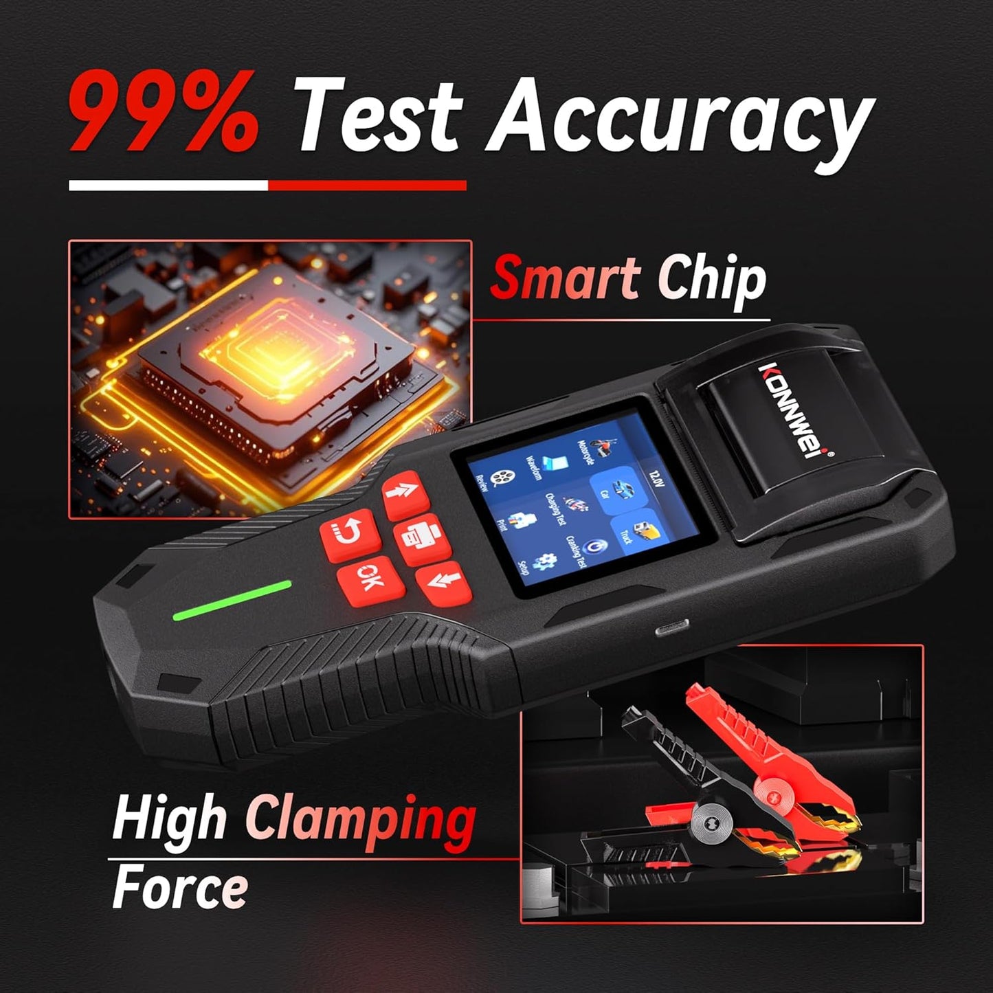 KONNWEI Car Battery Tester with Printer, Automotive 12V 24V Battery Load Tester Cranking and Charging Test 10-2000CCA Battery Analyzer Alternator Tester for Car Truck Motorcycle (Paper Included)