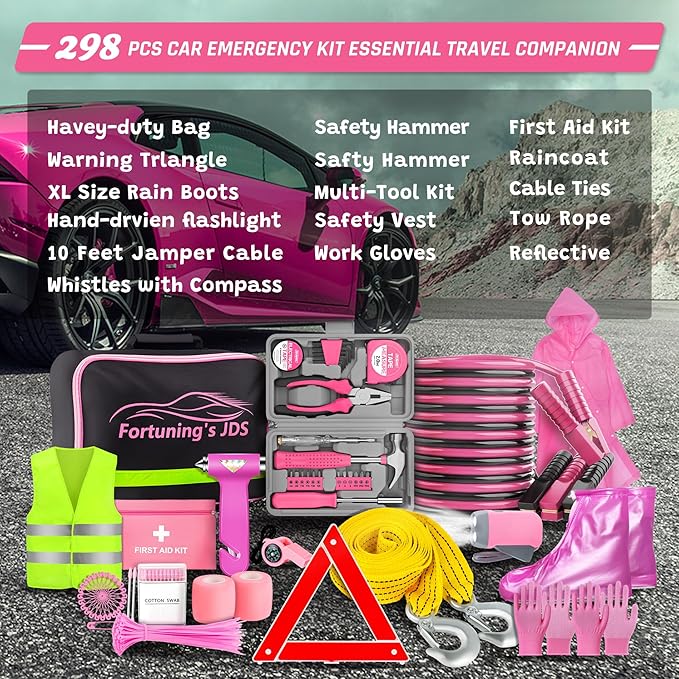 298PCS Roadside Emergency Car Kit- Car Emergency Kit with Jumper Cables, Roadside Emergency Kit for Vehicles, Emergency Car Kit, Car Safety Kits, Gloves,Tow Strap,Tool Kit,Reflective Warning Triangle